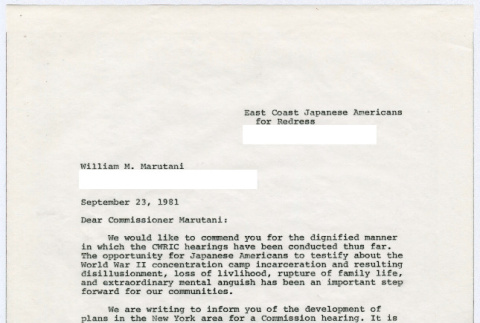 Carbon copy of page 1 of letter to William Marutani from Sasha Hohri and Michi Kobi (ddr-densho-352-506)