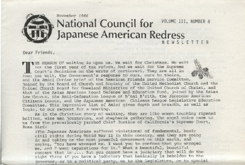 National Council for Japanese American Redress Newsletter, Vol. III No. 8 (ddr-densho-274-41)