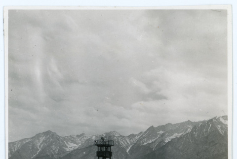 Photograph of the guard tower on the northwest corner of Manzanar with Sierra Nevada in the background (ddr-csujad-47-86)