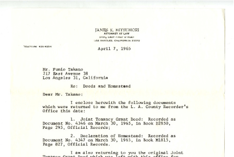 Letter from James K. Mitsumori to Fumio Fred Takano, April 7, 1965 (ddr-csujad-42-28)