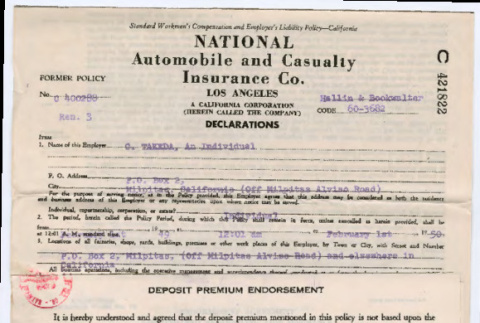 National Automobile and Casualty Insurance Co policy (ddr-densho-501-130)