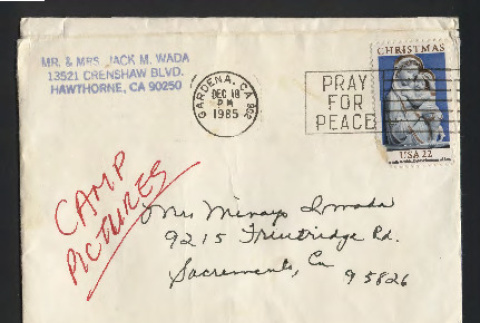 Envelope from Mr. and Mrs. Jack M. Wada to Mrs Minayo Imada, December 18, 1985 (ddr-csujad-55-2644)