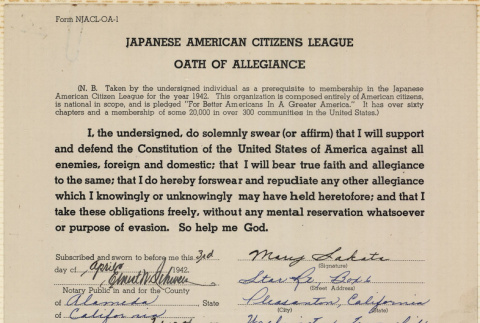 JACL Oath of Allegiance for Mary Sakata (ddr-ajah-7-123)