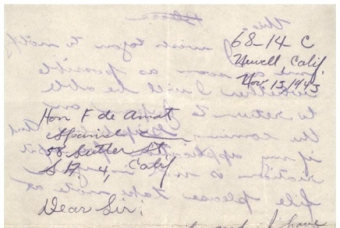Letter from S. [Koni] to Hon [F de Amat], November 13,1943 (ddr-csujad-2-4)