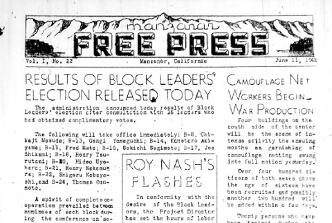 Manzanar Free Press Vol. I No. 22 (June 11, 1942) (ddr-densho-125-21)