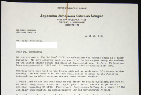 Letter to Hideo Tomomatsu from William Yoshino (ddr-chijacl-1-492)