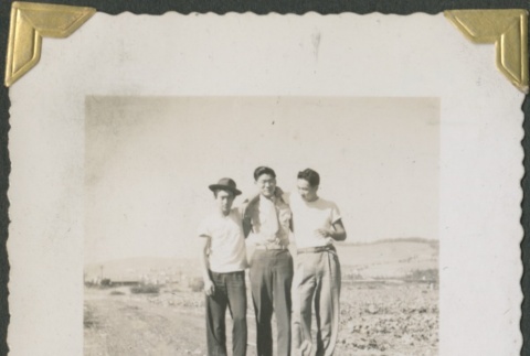 Three men standing near a field (ddr-densho-321-180)