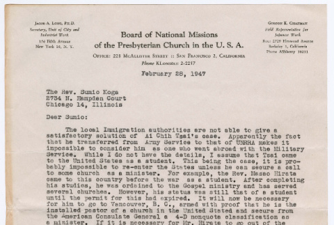 Letter from Gordon K. Chapman to Rev. Sumio Koga (ddr-densho-446-270)