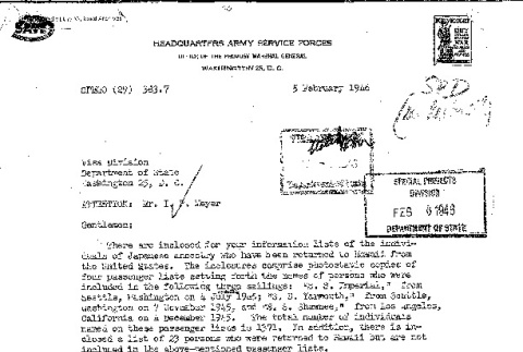 List of civilians returned to Hawaii, with letter from A.M. Tollefson, Director Prisoner of War Operations Division to the Visa Division, Department of State. (ddr-densho-564-9)
