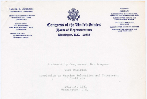 Statement by Congressman Dan Lungren to Commission on Wartime Relocation and Internment (CWRIC) (ddr-densho-122-260)