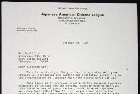 Letter to David Orr from William Yoshino (ddr-chijacl-1-699)