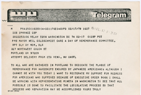 Telegram in support of Portland's Day of Remembrance (ddr-densho-122-153)