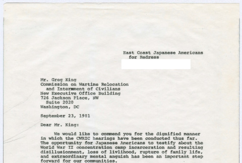 Carbon copy of page 1 of letter to Greg King from Sasha Hohri and Michi Kobi (ddr-densho-352-488)