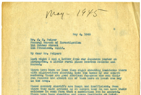 Letter from Frank Herron Smith to J. H. Peiper, Federal Bureau of Investigation, May 4, 1945 (ddr-csujad-21-1)