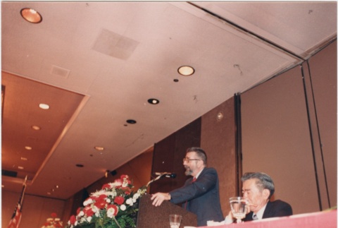 Roger Daniels speaking at the 1986 JACL National Convention kickoff dinner (ddr-densho-10-34)