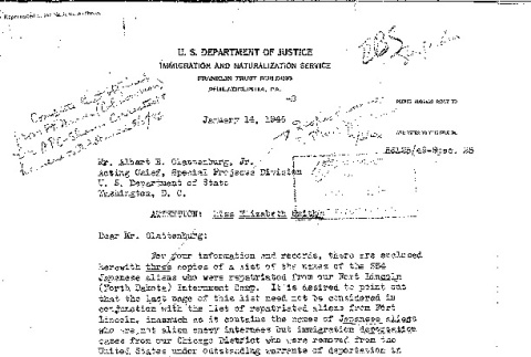 List of Japanese civilians deported from Tule Lake, with letter from N.D. Collaer, Assistant Commissioner for Alien Control to Albert Clattenburg, Special Projects Division, Department of State (ddr-densho-564-20)