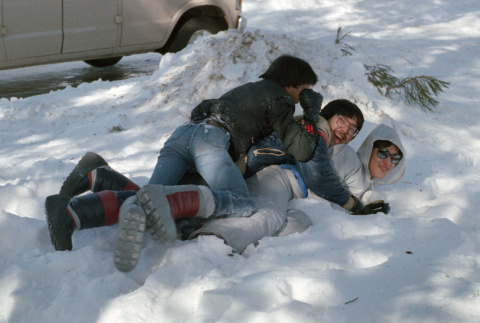 Vince Uyeda, Craig So, and Jon Osaki in the snow (ddr-densho-336-1573)