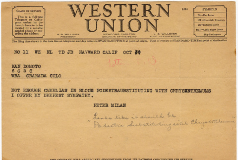 Western Union Telegram to Kaneji Domoto from Peter Milan (ddr-densho-329-661)