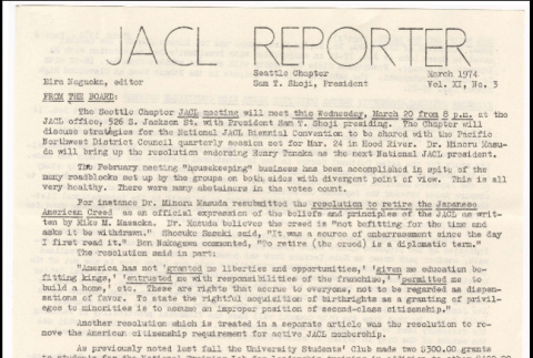 Seattle Chapter, JACL Reporter, Vol. XI, No. 3, March 1974 (ddr-sjacl-1-164)