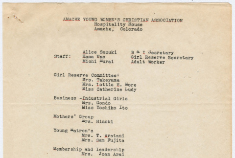 Amache YWCA Staff and Committee list and letter to Yuriko Domoto from Alice Suzuki (ddr-densho-356-829)