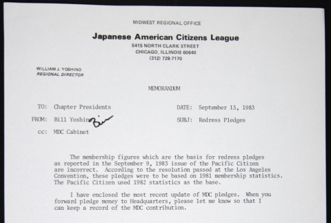 Memo to Chapter Presidents from Bill Yoshino (ddr-chijacl-1-262)
