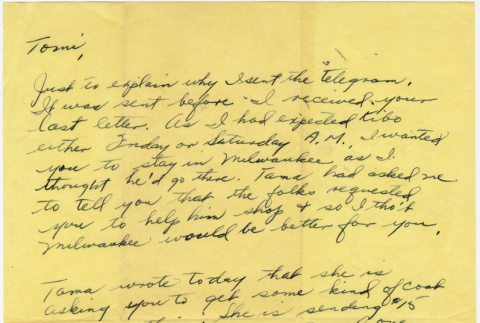 Letter from George Tokuda to Tomi (prob. George's sister-in-law) (ddr-densho-383-562)