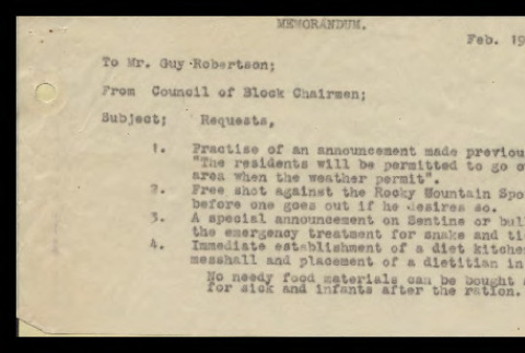Memo from Heart Mountain Block Chairmen to Mr. Guy Robertson, February 19, 1943 (ddr-csujad-55-426)