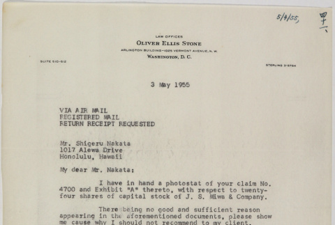 Letter from Oliver Ellis Stone to Shigeru Nakata (ddr-densho-437-56)
