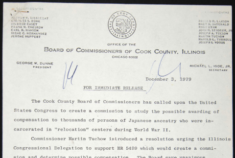 Press Release Cook County Board of Commissioners support of HR5499 (ddr-chijacl-1-153)