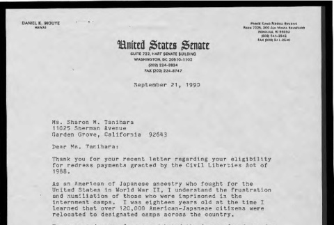 Letter from Daniel K. Inouye, Senator, to Sharon M. Tanihara, September 21, 1990 (ddr-csujad-55-2062)