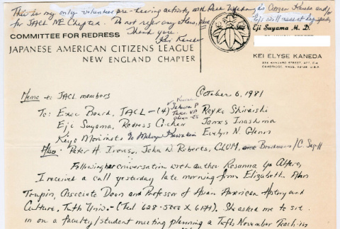 Copy of memo to JACL members from Kei Kaneda (ddr-densho-523-780)