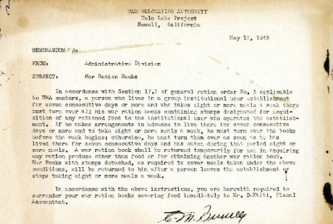 Memo from WRA Administrative Division re: war ration books, May 18, 1943 (ddr-csujad-26-40)