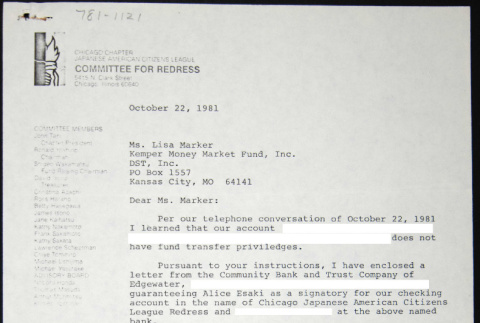 Letter and notarized document to Lisa Marker from Alice Esaki (ddr-chijacl-1-535)