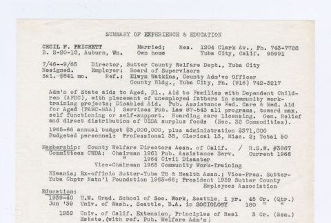 Summary of Experience and Education of Cecil F. Prichett (ddr-densho-402-7)