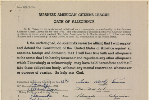 JACL Oath of Allegiance for Iwao Hardy Tsuno (ddr-ajah-7-137)