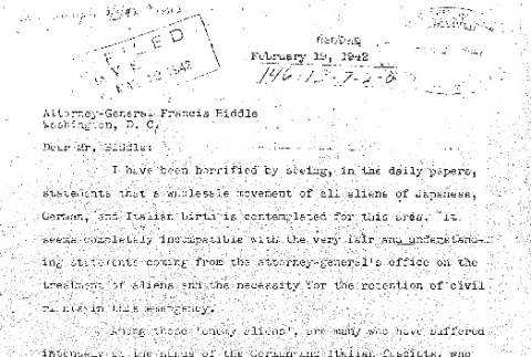 Letter to Francis Biddle from Helen Harris protesting internment (ddr-densho-67-127)