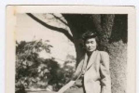 (Photograph) - Image of woman sitting on bench under tree (PDF) (ddr-densho-332-1-mezzanine-94df75d07e)