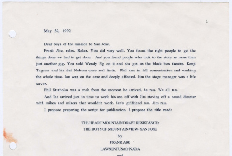 Letter to Frank Abe re: development of documentary and book re: Heart Mountain Resistance (ddr-densho-122-369)