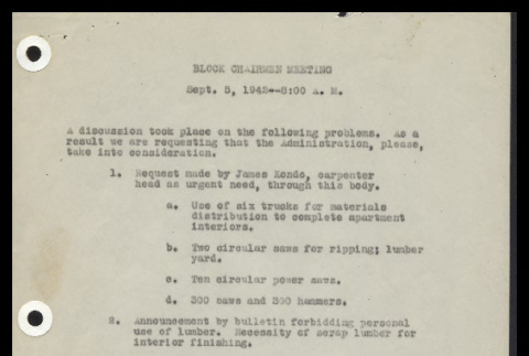 Minutes from the Heart Mountain Block Chairmen meeting, September 5, 1942 (ddr-csujad-55-270)