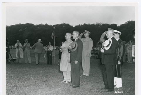 President Truman and his Secretary of War during a review by the 442nd (ddr-densho-1007-344)