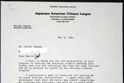 Letter to David Yamada from Bill Yoshino (ddr-chijacl-1-638)