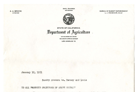 Letter from J. T. Darnet, Investigator, California State Department of Agriculture Bureau of Market Enforcement to S. Hamada, January 12, 1951 (ddr-csujad-5-301)