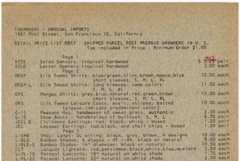 Takahashi - Unusual Imports Retail Price list (ddr-densho-424-209)
