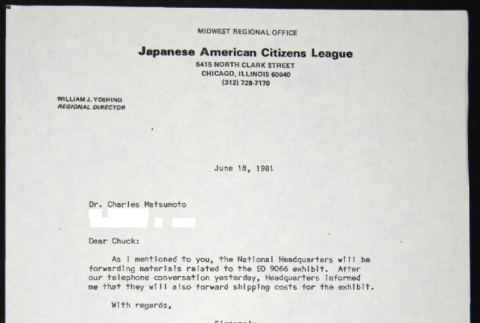 Letter to Charles Matsumoto from Bill Yoshino (ddr-chijacl-1-622)