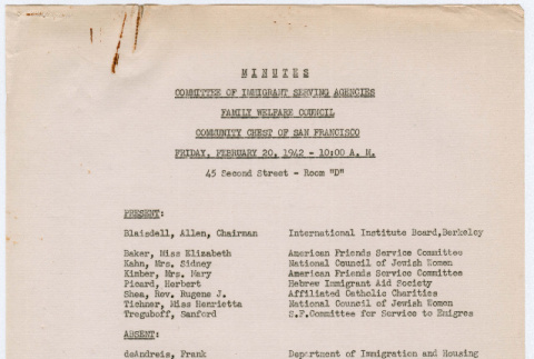 Meeting Minutes from Committee of Immigrant Serving Agencies meeting on February 20, 1942 (ddr-densho-356-767)