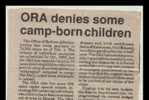 [Newspaper clipping titled:] ORA denies some camp-born children (ddr-csujad-55-2091)