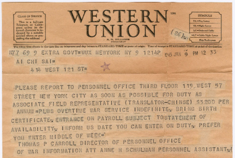 Telegram from U.S. Office of War Information Personnel Office to Ai Chih Tsai (ddr-densho-446-148)