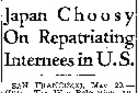 Japan Choosy on Repatriating Internees in U.S. (May 29, 1944) (ddr-densho-56-1048)