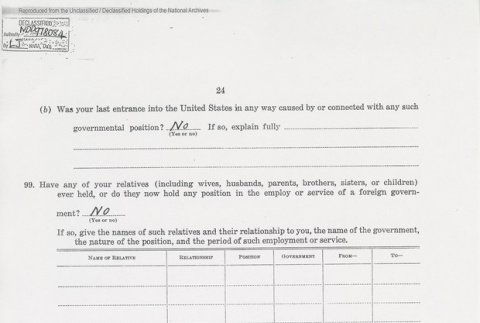 U.S. Department of Justice Alien Enemy Questionnaire page 24 of 26. (ddr-one-5-146)