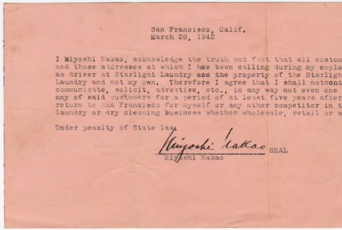 Non-compete agreement with Starlight Laundry (ddr-densho-423-302)